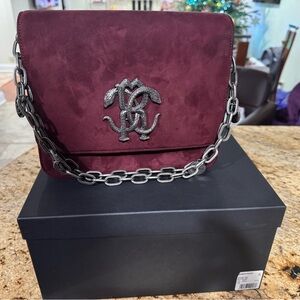 Roberto Cavalli Burgundy Shoulder Bag with Silver Chain